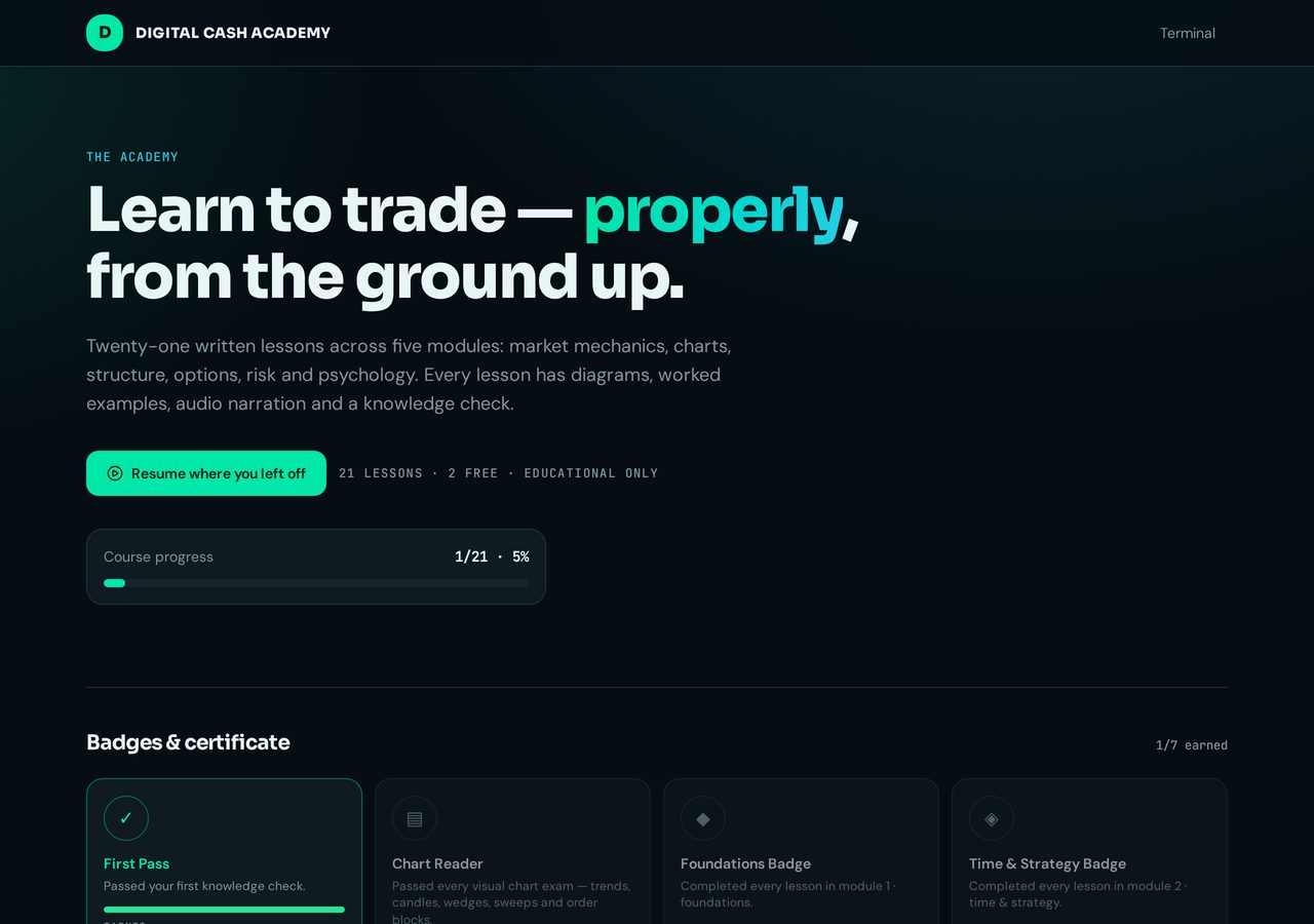 Academy screen inside the Digital Cash Academy platform