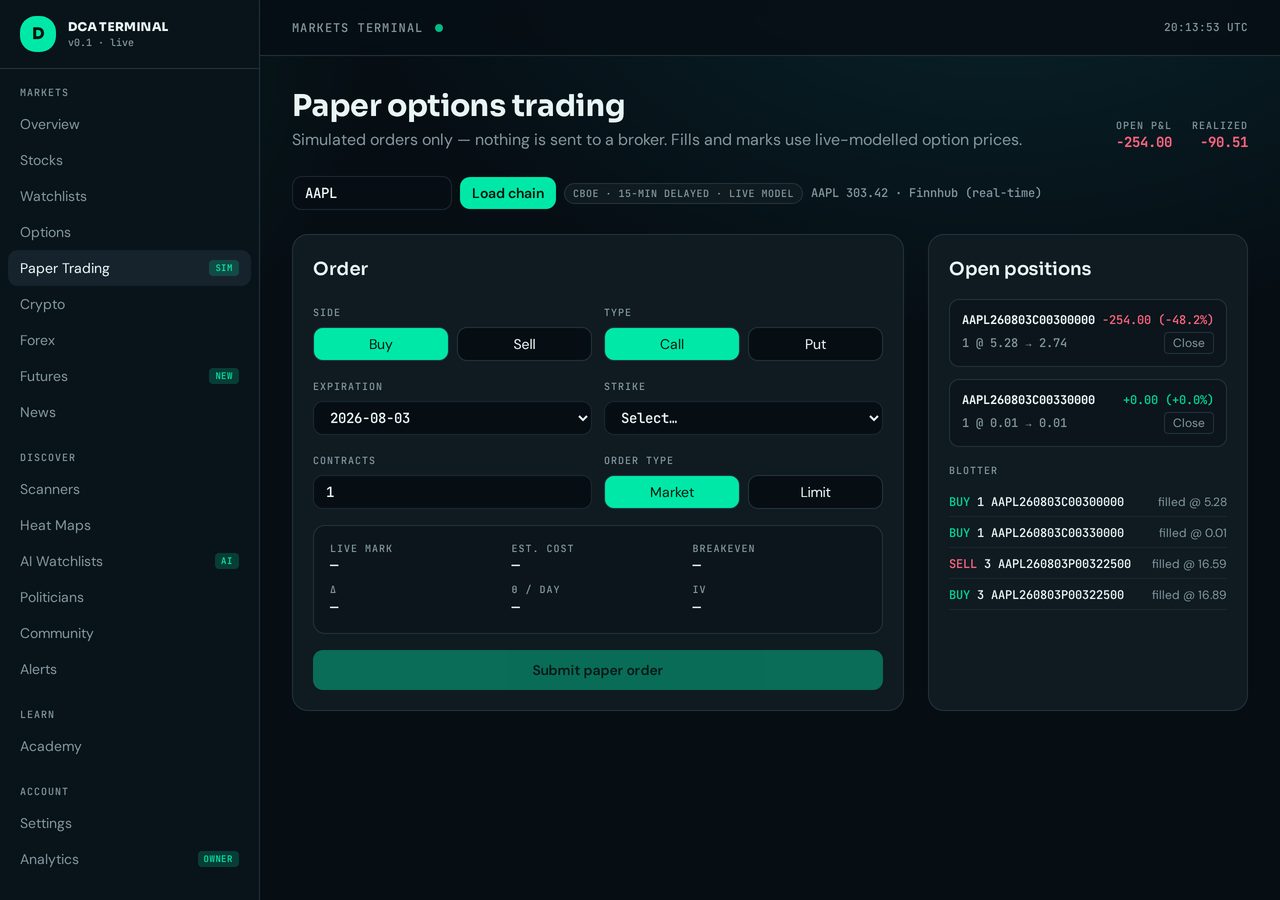Paper Trading screen inside the Digital Cash Academy platform